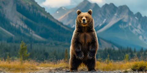 Sticker - Majestic Grizzly Bear Standing on Hind Legs in Mountain Landscape