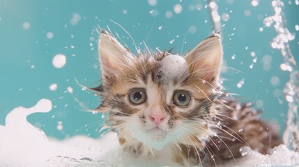 Poster - A cute kitten with soapy fur getting rinsed under running water during bath time