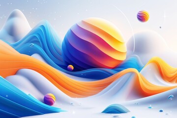 Sticker - Colorful abstract landscape with waves and spheres modern and artistic representing creativity and imagination bright and bold dynamic and energetic