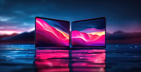 Fototapete - Two laptops, with one screen facing forward and another placed at an angle of about three degrees to the right. In front of them are two laptop screens displaying colorful graphics. Generative AI.