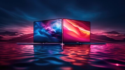 Fototapete - Two laptops, with one screen facing forward and another placed at an angle of about three degrees to the right. In front of them are two laptop screens displaying colorful graphics. Generative AI.