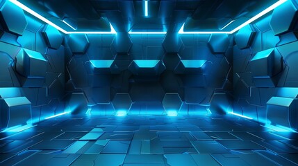 Futuristic Blue Neon Glowing Room Interior With Hexagon Pattern Walls And Tile Floor