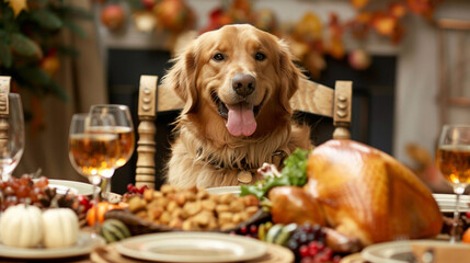 Excited happy Golden Retriever dog sitting on a fully decorated Thanksgiving dinner table along with a turkey and food - humorous funny dog meme