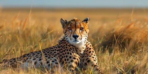 Canvas Print - Elegant Cheetah Resting in the Grass with Savanna Backdrop