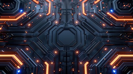 Aufkleber - Abstract futuristic circuit board lights moving on black surface and design concepts, symmetrical composition with empty space in the middle. Generative AI.