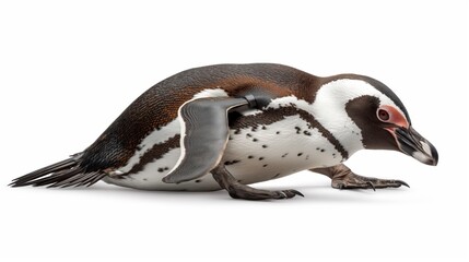 a penguin walking on the ground with a prosthetic flipper.