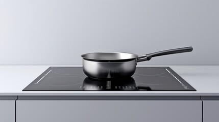 Poster - A stainless steel saucepan with a black handle on a modern electric stovetop in a minimalistic kitchen setting.