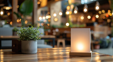 Aufkleber - A stand mock-up Empty menu frame tent card placed on a table in a small and cozy restaurant. The background is blurred, showcasing the warm and inviting ambiance of the restaurant. Generative AI.