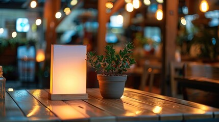 Aufkleber - A stand mock-up Empty menu frame tent card placed on a table in a small and cozy restaurant. The background is blurred, showcasing the warm and inviting ambiance of the restaurant. Generative AI.