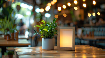 Aufkleber - A stand mock-up Empty menu frame tent card placed on a table in a small and cozy restaurant. The background is blurred, showcasing the warm and inviting ambiance of the restaurant. Generative AI.