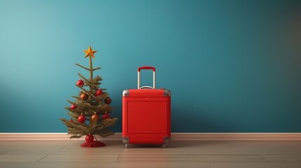 Wall Mural - Small decorated Christmas tree with a star and baubles beside a red suitcase against a teal wall and wooden floor