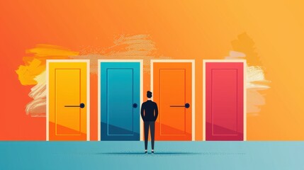 Wall Mural - scrutiny, options, thoughtfulness, person analyzing, looking at various doors, being thoughtful, fla