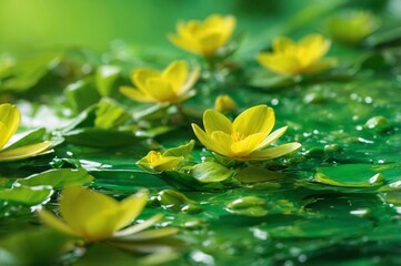 Wall Mural - Yellow flowers floating on calm green pond surrounded lush greenery