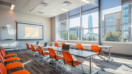 Poster - A modern classroom with orange chairs, a projector screen, and a large window overlooking a cityscape.
