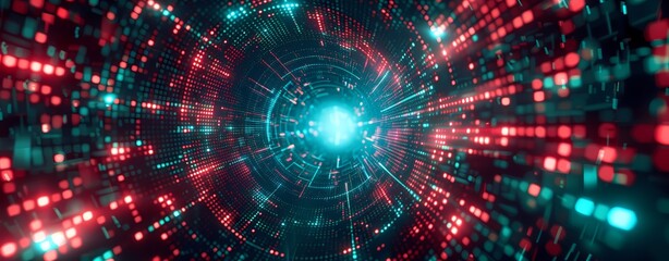 Digital background of binary code and data flow in the dark, futuristic tech concept with neon light effects. Abstract digital technology banner design for a web poster or presentation