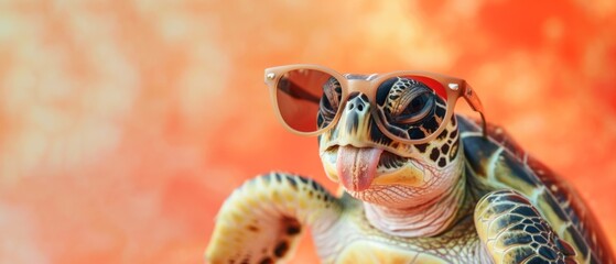 Wall Mural - Funny animal summer holiday vacation travel photography banner background - Close up of cheeky sea turtle tortoise with sunglasses and tongue out, isolated on apricot background