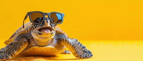 Wall Mural - Funny animal summer holiday vacation travel photography banner background - Close up of cheeky sea turtle tortoise with sunglasses and tongue out, isolated on yellow background