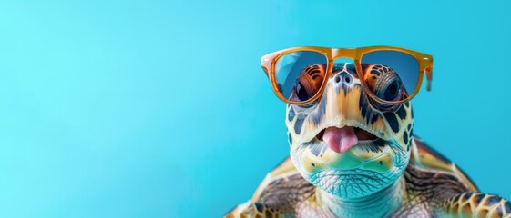 Wall Mural - Funny animal summer holiday vacation travel photography banner background - Close up of cheeky sea turtle tortoise with sunglasses and tongue out, isolated on blue background