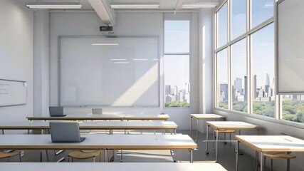Poster - Empty classroom desks and chairs with a whiteboard and a window overlooking a city skyline.