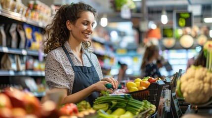 Canvas Print - A woman is smiling while shopping for vegetables in a grocery store