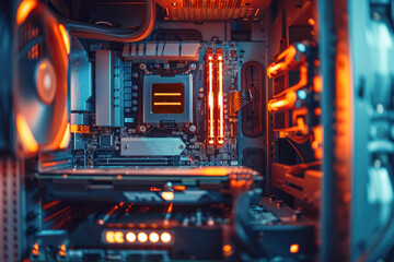 An efficient and modern computer build with glowing components, representing advanced technology, innovation, digital expertise, and computing power.