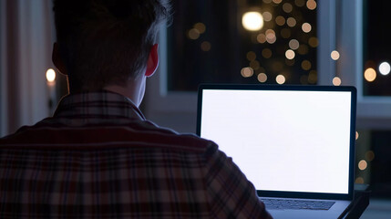 Poster - laptop mockup over shoulder shot of a young man using laptop with blank white screen for mockup