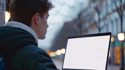 Poster - laptop mockup over shoulder shot of a young man using laptop with blank white screen for mockup 