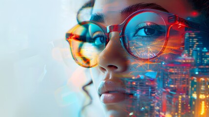 Wall Mural - Woman with Glasses and Cityscape Reflection.