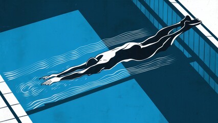 Poster - A drawing of a man swimming in the pool with his head down, AI