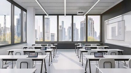 Poster - A modern, bright classroom with large windows overlooking a city skyline. The room is empty, featuring white desks and chairs, a whiteboard, and overhead lighting.