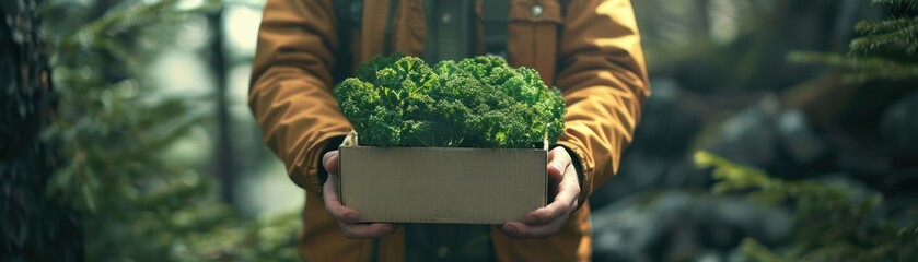 Wall Mural - Fresh, Organic Greens Grower Carrying a Box Filled with Crisp, Vibrant Produce, Symbol of Vitality and Nature's Bounty