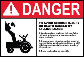 Danger to avoid serious injury and death caused by falling loads sign with symbol. Danger sign. Warning falling crane hazard symbol sign