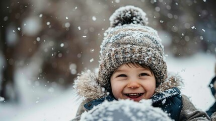 A joyful child is warmly dressed in a hat and coat, enjoying the snowy weather with a radiant smile. The image captures the essence of childhood delight and winter fun.