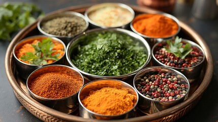 A vibrant assortment of Indian spices and herbs in metal bowls, perfect for seasoning and culinary use.