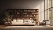 © Amina - Modern living room with a large bookshelf, sofa and armchair.