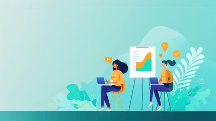 Poster - startup pitch competition, excited presenters with audience, flat design illustration
