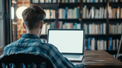 Poster - laptop mockup over shoulder shot of a young man using laptop with blank white screen for mockup 