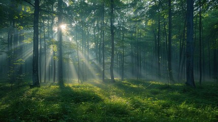 Wall Mural - Beautiful nature at morning in the misty spring forest with sun