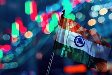 Poster - Indian flag waving with stock market graphs in background