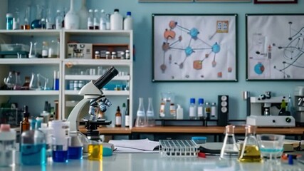Poster - a laboratory microscope sits on a table with chemical supplies, a diagram on the wall, and more supp