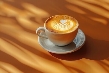 Cup of cappuccino with latte art served on a table in natural light