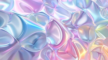 A playful 3D abstract background with holographic surfaces showcasing pastel rainbow colors, creating a whimsical and constantly changing design.