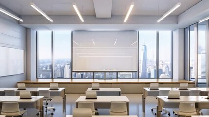 Poster - An empty modern classroom with large windows showing a city skyline. The room is set up for a presentation, with a large projection screen and a podium.
