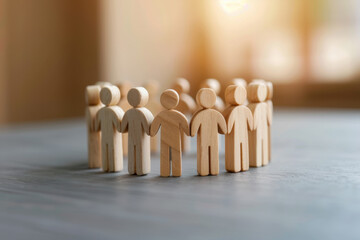 Group of wooden human figures standing in a circle representing teamwork, unity, and community on a blurred background indoors.