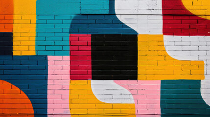 Colorful abstract mural painted on a brick wall, showcasing geometric shapes and vibrant hues in an urban setting.