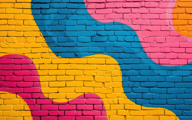 Poster - vibrant, colorful brick wall with abstract shapes in pink, yellow, and blue. street art, mural desig