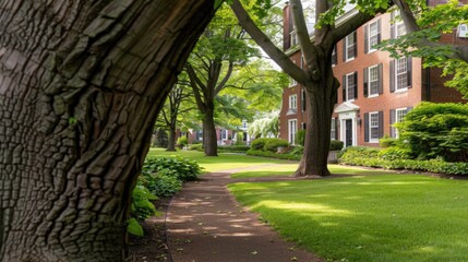  A quiet suburban street with a brick house on the right side, lined with mature trees casting shade on the lush lawns, sunlight filtering through the leaves