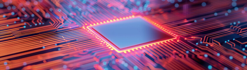 Poster - Close-up of a futuristic glowing microchip with intricate circuitry, highlighting advanced technology and innovation in electronics and computing.