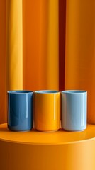 Wall Mural - Three tall, thin, clear, blue, and yellow cups are arranged on a table