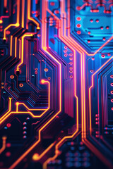 Poster - Close-up of a vibrant, futuristic circuit board with intricate neon pathways, symbolizing advanced technology and innovation.